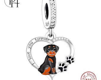 Rottweiler Charm Pandora Fitting, 925 Sterling Silver Paw Heart Dangle, Dog Mum Birthday Gift