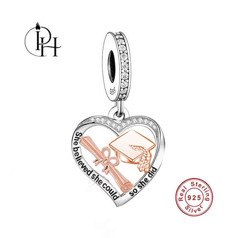 Pandora Fitting Graduation Charm University Ceremony Cap Dangle Genuine 925 Sterling Silver & Rose Gold