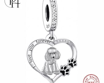 Poodle Charm Pandora Fitting, 925 Sterling Silver Heart Paw Dangle, Dog Lover Birthday Gift