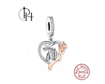 70th Birthday Heart Charm Pandora Fitting 925 Sterling Silver & Rose Gold Dangle