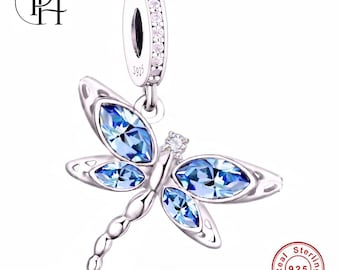 Pandora Fitting Blue Dragonfly Charm, 925 Silver Insect Dangle - Mum & Daughter Birthday Gift