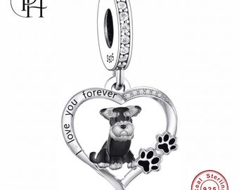 Schnauzer Charm Pandora Fitting, 925 Sterling Silver Paw Heart Dangle, Dog Mum Birthday Gift