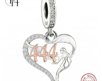 444 Angel Number Charm, Pandora Compatible 925 Sterling Silver Heart Dangle Guardian Protection Gift