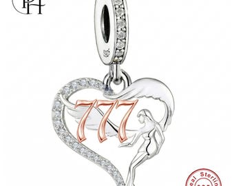 777 Angel Number Charm, Pandora Compatible 925 Sterling Silver Heart Dangle Lucky Fortune Gift