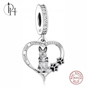 German Shepherd Charm Pandora Fitting, 925 Sterling Silver Paw Heart, Alsatian Dog Lover Gift