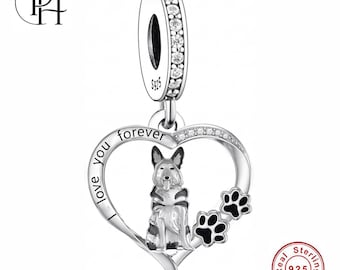 German Shepherd Charm Pandora Fitting, 925 Sterling Silver Paw Heart, Alsatian Dog Lover Gift