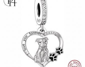 Staffordshire Bull Terrier Charm Pandora Fitting, 925 Silver Paw Heart, Dog Mum Birthday Gift