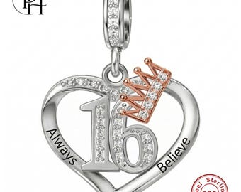 16th Birthday Charm - Pandora Compatible 925 Sterling Silver Princess Crown, Daughter Teen Inspirational Gift