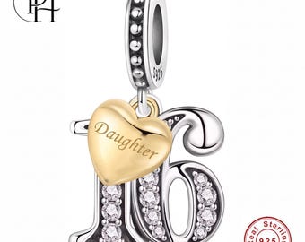 Daughter 16th Birthday Charm, Pandora Fitting 925 Sterling Silver Heart, Sweet Sixteen Keepsake Gift