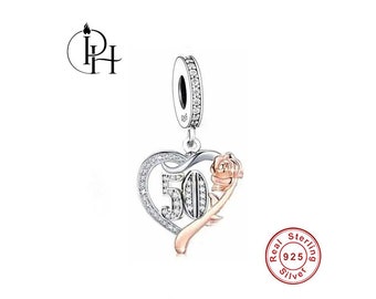 50th Birthday Charm Pandora Fitting Necklace Bracelet Genuine 925 Silver & Rose Gold For Her