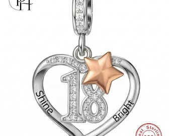 18th Birthday Charm - Pandora Compatible 925 Sterling Silver Star, Daughter Adult Inspirational Heart Gift