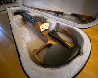 Electric Violin - Custom Hand Carved 4/4 Piezo-Electric Instrument with Strings, Case, Rosin, Chin Rest - Silent Violin