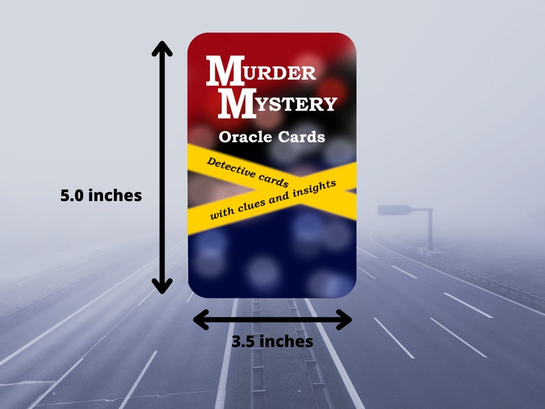 Może przedstawiać: Czerwono-niebieska karta z tekstem "MURDER MYSTERY Oracle Cards" i "Detective cards with clues and insights". Karta ma wymiary 12,7 cm x 8,9 cm.