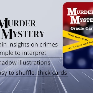 Może przedstawiać: Zestaw kart orakulum z czarno-białym obrazkiem cienia postaci na przodzie. Karty są zatytułowane "Murder Mystery Oracle Cards" i zawierają tekst "Karty detektywistyczne z wskaz&oacute;wkami i spostrzeżeniami".