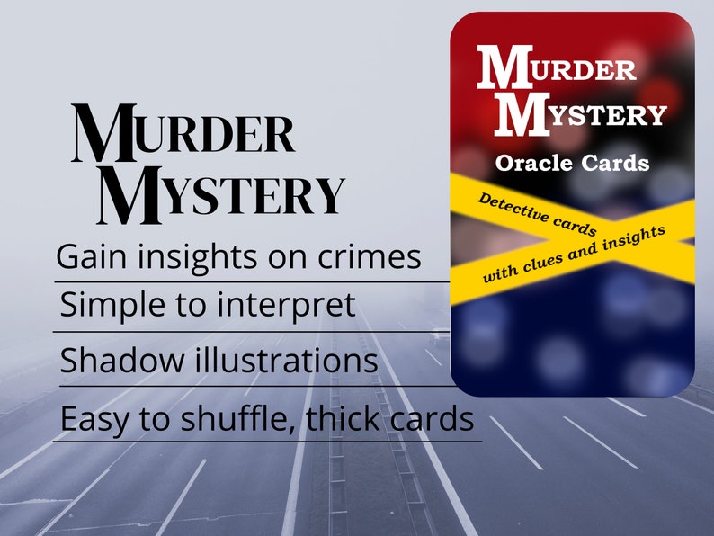 Może przedstawiać: Zestaw kart orakulum z czarno-białym obrazkiem cienia postaci na przodzie. Karty są zatytułowane "Murder Mystery Oracle Cards" i zawierają tekst "Karty detektywistyczne z wskaz&oacute;wkami i spostrzeżeniami".