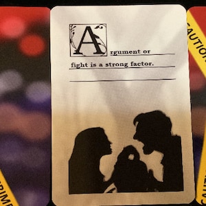Może przedstawiać: Karta z sylwetką kł&oacute;cącej się pary. Karta zawiera literę "A" w ozdobnym kroju pisma i tekst "argument or fight is a strong factor."