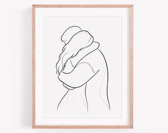 Paar lijntekeningen afdrukken, één lijntekeningen, één lijntekening, paar tekenen, man en vrouw lijntekeningen, paar silhouet afdrukbare kunst aan de muur digitaal