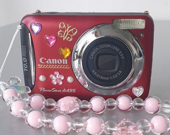 Cute camera Canon Powershot A495 digital camera aesthetic retro trendy digicam kawaii stickers decoration rhinestones and pink strap