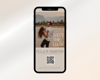 Bohemian Save the Date Template, Electronic Save The Date Template with QR Code, Wedding Invitation QR Code, Simple Boho Neutral Invite