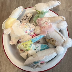 Handmade quilted bunnies made from vintage quilts and textiles. image 1