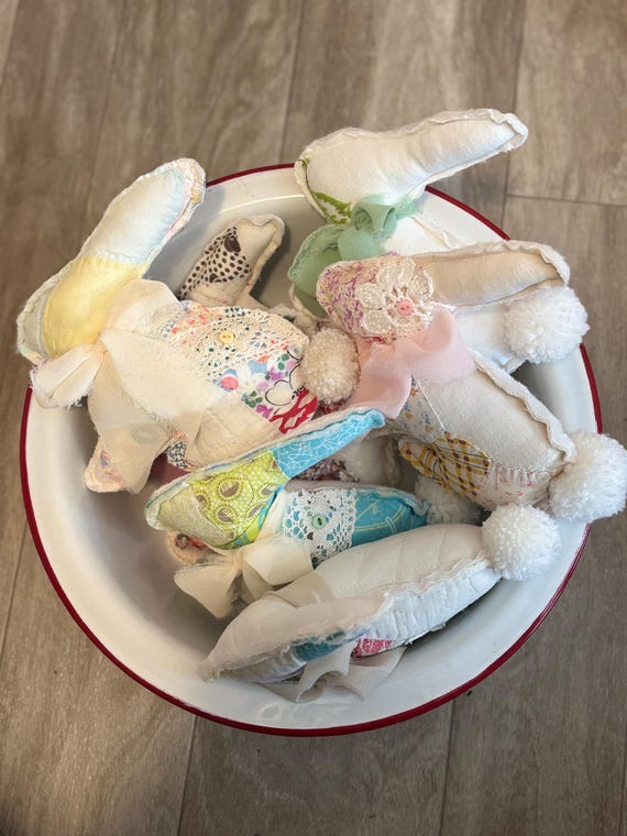 Handmade quilted bunnies made from vintage quilts and textiles.