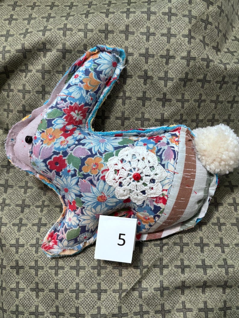 Handmade quilted bunnies made from vintage quilts and textiles. 5