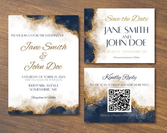 Personalized Digital Download, Navy and Gold Wedding Invitation suite with QR code RSVP, pdf + png