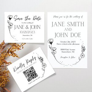 Personalized Digital Download, Minimalist Black and White Floral Wedding Invitation suit with QR code RSVP, pdf + png
