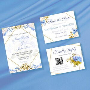 Personalized Digital Download, Hydrangeas and White Roses Wedding Invitation Suite with QR code RSVP, gold geometric, pdf + png