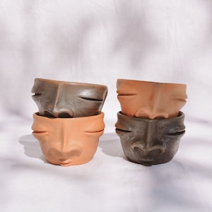 Puede incluir: Dos juegos de macetas de terracota apiladas, cada una con un diseño de cara único. La maceta superior de cada juego es marrón, y la maceta inferior es de un tono naranja más claro.