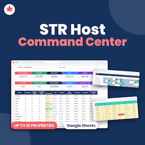 May include: A digital spreadsheet template titled STR Host Command Center for Google Sheets. The interface displays financial metrics, occupancy rates, and booking calendars for up to 10 properties, featuring colorful data tables and charts.