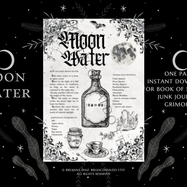 Moon Water Recipe Book of Shadows Grimoire page | printable instant download digital BOS grimoire Moon Water ingredients spell page
