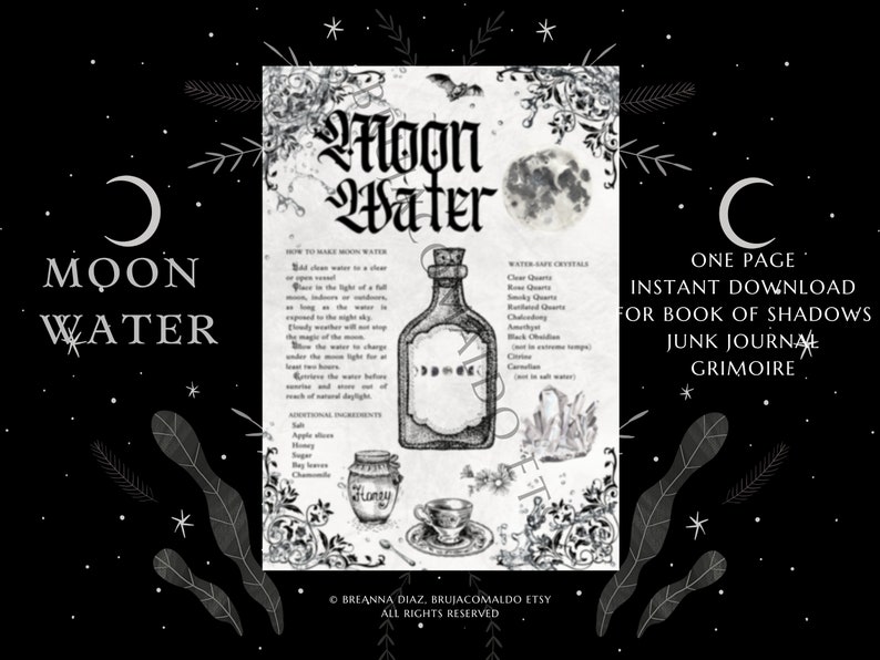 Moon Water Recipe Book of Shadows Grimoire Page Printable Instant