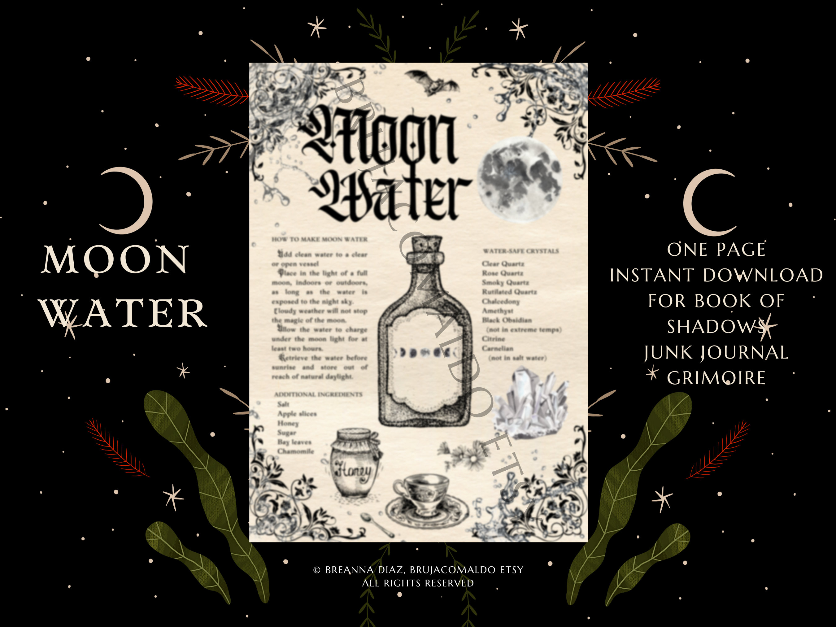 Moon Water Recipe Book of Shadows Grimoire Page Printable Instant