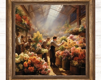 Vintage Flower Market Painting | Printable Wall Art | Digital Print | Antique Flower Market Print | French Country Wall Printable