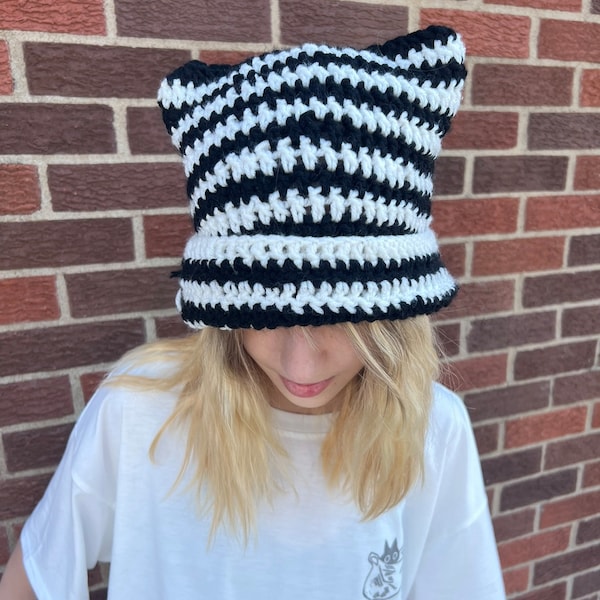 handmade multi-color crochet cat beanie | trending colorful hat, tiktok hat, cat ears, aesthetic, cottagecore, grunge, indie