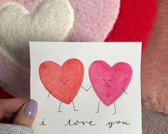 I Love You Romantic Watercolor Heart Smiley Handmade Card