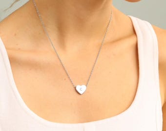 Engraved Initial Heart Necklace - Stainless Steel, Personalized Gift