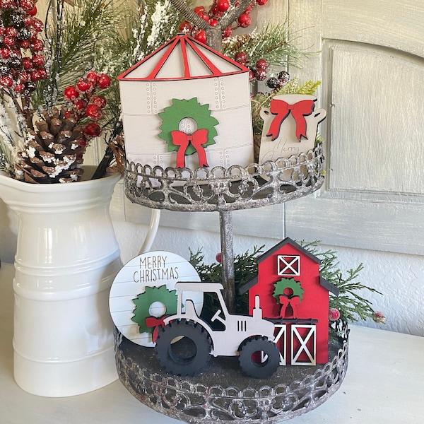 Christmas Tier Tray Decor,Farmhouse Christmas Tired Tray Farm Christmas Country Christmas tiered tray bundle Miniature signs