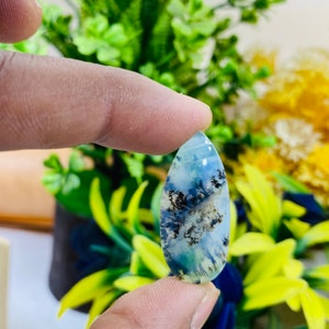 May include: A teardrop-shaped gemstone with a dendritic pattern. The stone has a translucent base with blue and white hues, and black, tree-like inclusions. The gemstone is held between two fingers.