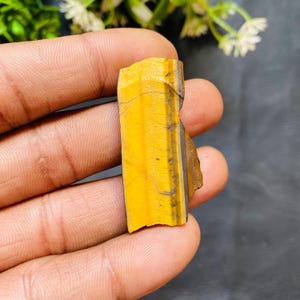 Puede incluir: Una piedra en bruto de ojo de tigre, de color amarillo dorado con bandas marrones oscuras y negras. La piedra se sostiene en una mano, resaltando sus patrones y texturas naturales. Este mineral natural se utiliza a menudo en joyería y prácticas espirituales.