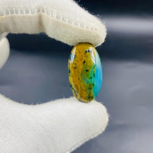 Può includere: Una gemma di forma ovale con una superficie lucida. La pietra presenta una miscela di colori, tra cui giallo, blu e verde, con macchie nere. La gemma è tenuta tra due dita guantate di bianco.