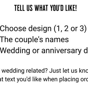 May include: Text on a white background with the instructions "TELL US WHAT YOU'D LIKE!" followed by a numbered list: 1. Choose design (1, 2 or 3), 2. The couple's names, 3. Wedding or anniversary date. The text concludes with "Not wedding related? Just let us know what text you'd like when placing order."