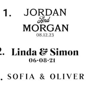 May include: A black and white image with three wedding announcements. The first announcement reads "JORDAN And MORGAN 08.12.23". The second announcement reads "Linda & Simon 06-08-21". The third announcement reads "SOFIA & OLIVER".