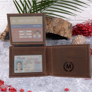 Cartera plegable delgada personalizada con ventanas abatibles de doble identificación para licencia e insignia o foto, aniversario hecho a mano, cumpleaños, regalo de graduación