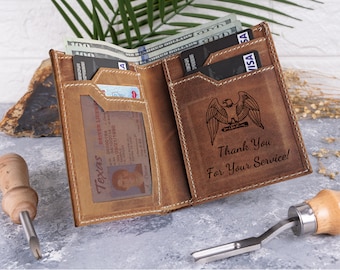 Personalized Leather Bifold Wallet: American Flag Engraved, Military Veteran Gift