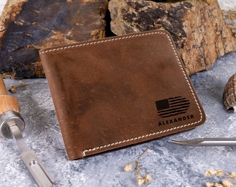 Personalized Leather Wallet for Veterans, Custom Engraved American Flag Wallet, Slim RFID Bifold Veteran’s Day Gift