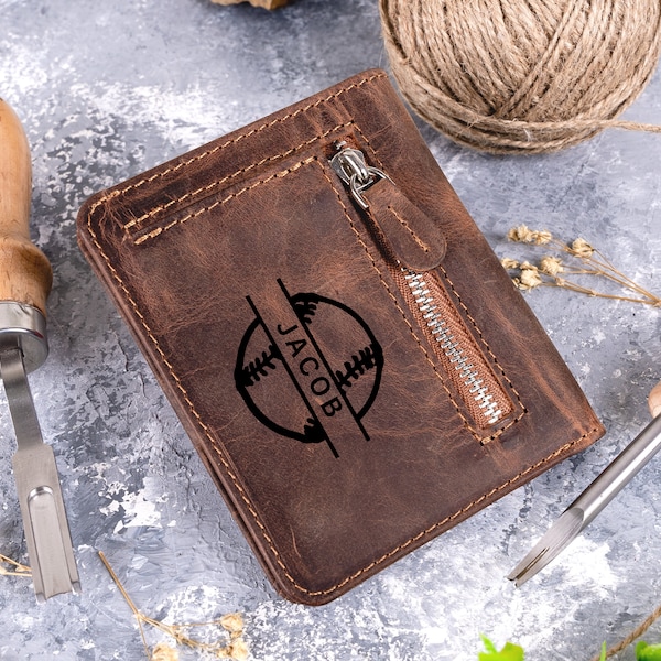 A Perfect Practical Gift For Teenage Boys And Kids; Personalized Leather Wallet With Zipper Coin Pocket, For Birthday, Christmas, Graduation