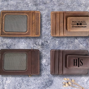 May include: Four brown leather wallets with a money clip. Two wallets have a window for a photo ID. One wallet has the text "MICHAEL Groomman" and a bowtie. One wallet has the initials "H|S".