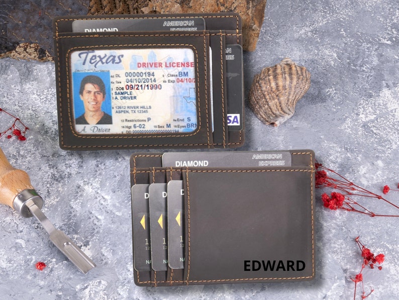 Slim Leather Card Holder With ID Window: Personalized RFID Wallet - Etsy